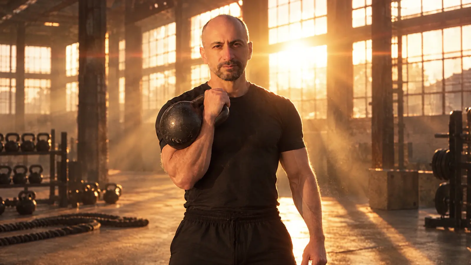 Jaime Tacher con una kettlebell en posición de rack, en un gimnasio industrial al atardecer