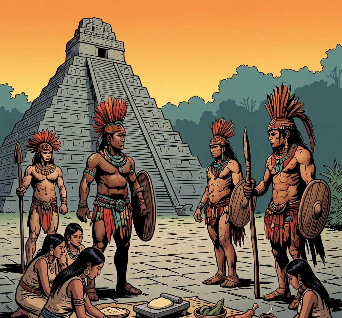 Guerreros mayas con piel de jaguar frente a una pirámide
