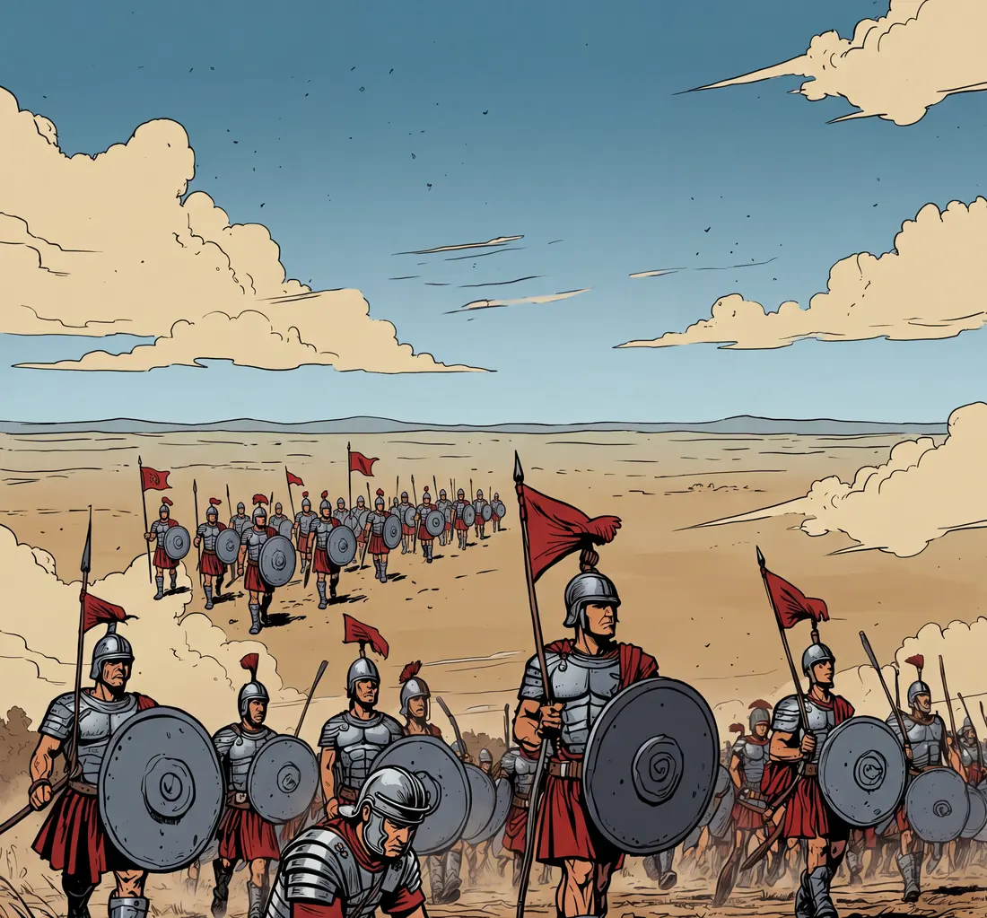 Legión romana en marcha y un legionario moliendo grano