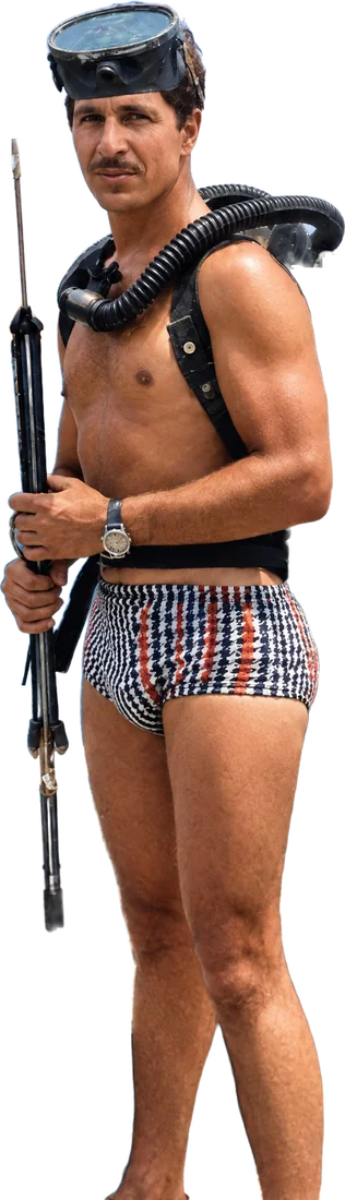 Roberto Isaac Tacher en 1957, con equipo de buceo y arpón (foto original coloreada)