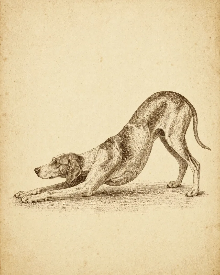 Grabado de un perro estirándose (pandiculación)